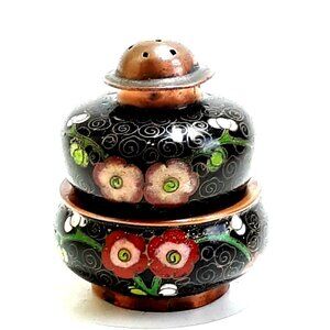 Chinese Cloisonne Open Salt & Pepper Vintage Enamel Brass Floral Black Rose Blue
